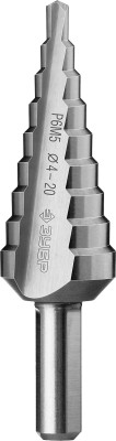 Сверло ЗУБР ступенчатое по сталям и цвет. мет. ст. Р6М5, d=4-20мм, 9ступ. d=4-20, L-75 мм, трехгран. хвост. 8мм,  ( 29670-4-20-9_z01 )