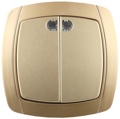 Выключатель СВЕТОЗАР "АКЦЕНТ" двухклавишный в сборе, с подсветкой, цвет золотой металлик, 10А/~250В,  ( SV-54235-GM )