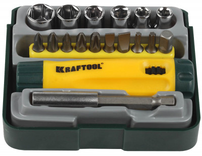 Набор KRAFTOOL "EXPERT": Отвертка реверсивная с битами, адаптером и торцовыми головками, Cr-V, 18 предметов,  ( 26143-H18 )