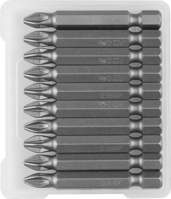 Биты ЗУБР "МАСТЕР" кованые, хромомолибденовая сталь, тип хвостовика E 1/4", PZ2, 50мм, 10шт,  ( 26003-2-50-10 )