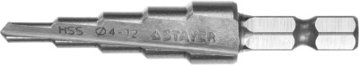 Сверло STAYER "MASTER" ступенчатое по сталям и цвет.мет., сталь HSS, d=4-12мм,5ступ.d 4-6-8-10-12,L-65мм, шестигран.хвост.1/4",  ( 29660-4-12-5 )