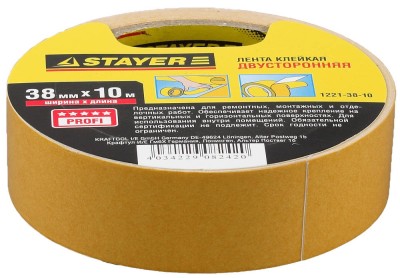 Двухсторонняя клейкая лента на полипропиленовой основе, STAYER 1221-38-10, 38мм х 10м,  ( 1221-38-10 )