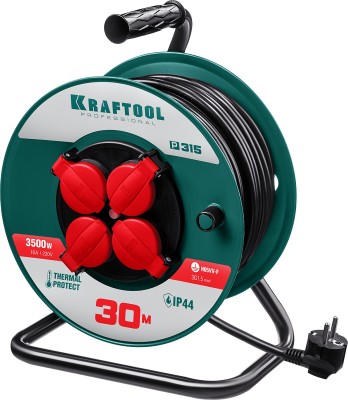 P-315 удлинитель на катушке, 30 м, 3500 Вт, 4 гнезда, IP44, ПВС 3x1,5 кв мм, KRAFTOOL ( 55084-30 )