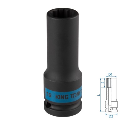 Головка торцевая ударная глубокая двенадцатигранная 1/2", 16 мм KING TONY 443016M