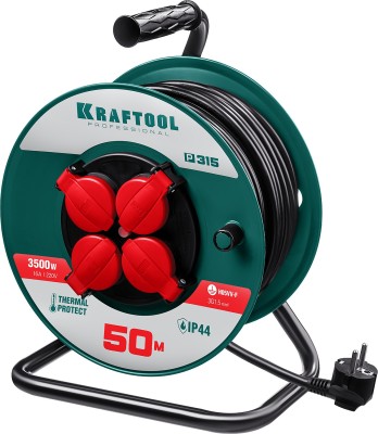 P-315 удлинитель на катушке, 50 м, 3500 Вт, 4 гнезда, IP44, ПВС 3x1,5 кв мм, KRAFTOOL ( 55084-50 )