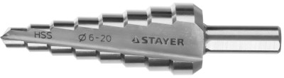 Сверло STAYER "MASTER" ступенчатое по сталям и цвет.мет., сталь HSS, d=6-20мм,8ступ.d 6-8-10-12-14-16-18-20,L-75мм,3-х гран.хв. 8мм,  ( 29660-6-20-8 )