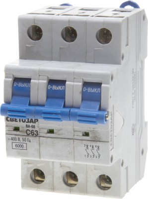 Выключатель автоматический СВЕТОЗАР 3-полюсный, 63 A, "C", откл. сп. 6 кА, 400 В,  ( SV-49063-63-C )
