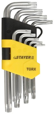 Набор STAYER "MASTER": Ключи имбусовые короткие, Cr-V, сатинированное покрытие, пластиковый держатель, Т10-Т50мм, 9 предметов,  ( 2743-H9 )