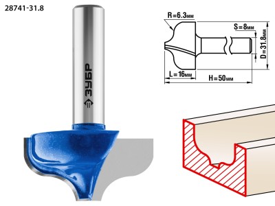 Фреза пазовая фасонная №2, D= 31,8мм, рабочая длина-16мм, радиус-6,35мм, хв.-8 мм, ЗУБР Профессионал, ( 28741-31.8 )