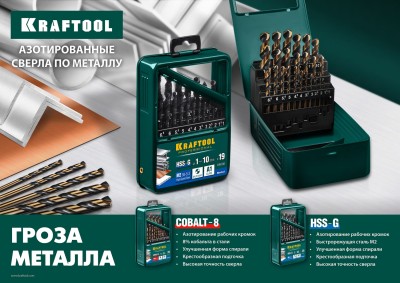 KRAFTOOL COBALT 19шт(1-10мм), Набор сверл по металлу HSS-Co(8%), сталь М42(S2-10-1-8) ( 29656-H19 )