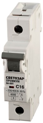 Выключатель автоматический СВЕТОЗАР "ПРЕМИУМ" 1-полюсный, 16 A, "C", откл. сп. 6 кА, 230 / 400 В,  ( SV-49021-16-C )