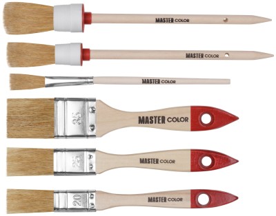 Набор из 6 кистей с деревянными ручками: флейц. кисть 20 мм, 25 мм, 35 мм (55% топс); круглая кисть O20 мм, O25 мм, кисть художественная для подкраски