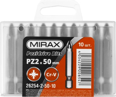 Биты MIRAX PZ№2, тип хвостовика E 1/4", длина 50мм, 10шт,  ( 26254-2-50-10 )