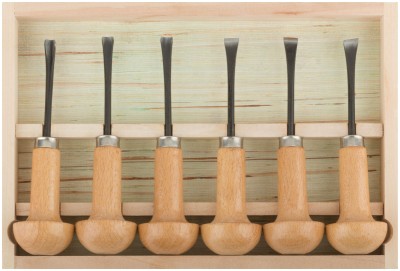 Стамески-резцы CrV по дереву, деревянные ручки, Профи, 6 шт., деревянный кейс ( 43400 )