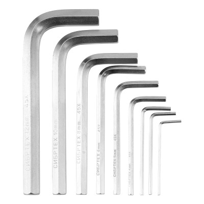 Набор ключей имбусовых HEX, 2-12 мм, 45x, закаленные, 9 шт, короткие, никель Сибртех, ( 12316 )