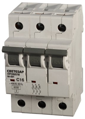 Выключатель автоматический СВЕТОЗАР "ПРЕМИУМ" 3-полюсный, 10 A, "C", откл. сп. 6 кА, 400 В,  ( SV-49023-10-C )