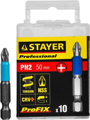 Биты STAYER "PROFESSIONAL" ProFix Phillips, тип хвостовика E 1/4", № 2, L=50мм, 10шт,  ( 26203-2-50-10_z01 )