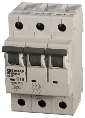 Выключатель автоматический СВЕТОЗАР "ПРЕМИУМ" 3-полюсный, 16 A, "C", откл. сп. 6 кА, 400 В,  ( SV-49023-16-C )