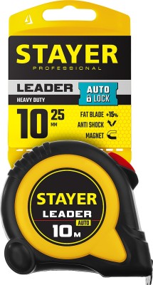 STAYER LEADER 10м / 25мм рулетка с автостопом в ударостойком обрезиненном корпусе
