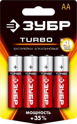 Щелочная батарейка 1.5 В, тип АА, 4 шт, ЗУБР Turbo, 59213-4C_z01