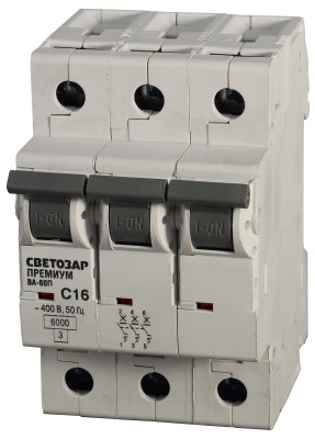 Выключатель автоматический СВЕТОЗАР "ПРЕМИУМ" 3-полюсный, 32 A, "C", откл. сп. 6 кА, 400 В,  ( SV-49023-32-C )