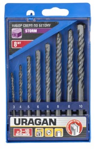 Набор URAGAN Свёрла "STORM" по бетону, ударные, шестигранный хвостовик, 3; 4; 5; 6; 7; 8; 9; 10мм, 8шт,  ( 901-22424-H8 )