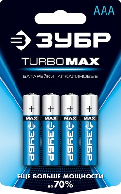 Щелочная батарейка 1.5 В, тип ААА, 4 шт, ЗУБР Turbo-MAX, 59203-4C_z01