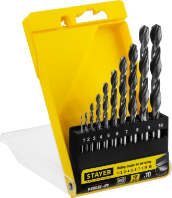 Набор сверл по металлу 10 шт (d=1-10 мм), HSS-R, сталь М2(S6-5-2), STAYER Professional 29602-H10, DIN 338 ( 29602-H10_z01 )