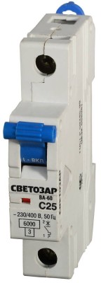 Выключатель автоматический СВЕТОЗАР 1-полюсный, 25 A, "C", откл. сп. 6 кА, 230 / 400 В ,  ( SV-49061-25-C )