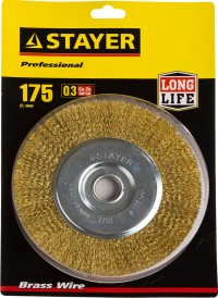 STAYER "PROFESSIONAL". Щетка дисковая для УШМ, витая стальная латунированная проволока 0,3мм, 175ммх22мм,  ( 35122-175 )