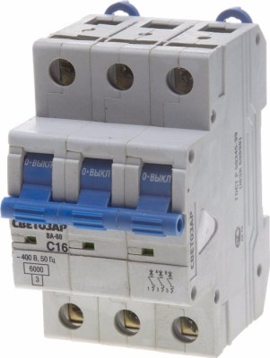 Выключатель автоматический СВЕТОЗАР 3-полюсный, 16 A, "C", откл. сп. 6 кА, 400 В,  ( SV-49063-16-C )