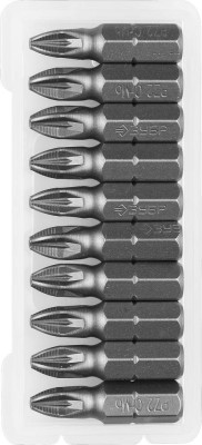 Биты ЗУБР "МАСТЕР" кованые, хромомолибденовая сталь, тип хвостовика C 1/4", PZ2, 25мм, 10шт,  ( 26003-2-25-10 )
