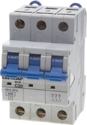 Выключатель автоматический СВЕТОЗАР 3-полюсный, 20 A, "C", откл. сп. 6 кА, 400 В,  ( SV-49063-20-C )