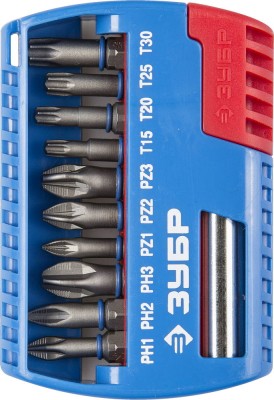 Набор ЗУБР: Биты с магнитным адаптером, Cr-Mo, PH1, PH2, PH3, PZ1, PZ2, PZ3, TORX 15,20,25,30, 11 предметов,  ( 26051-H11 )