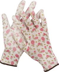 Перчатки GRINDA садовые, прозрачное PU покрытие, 13 класс вязки, бело-розовые, размер M  ,  ( 11291-M )