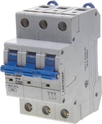 Выключатель автоматический СВЕТОЗАР 3-полюсный, 50 A, "C",откл. сп. 6 кА, 400 В,  ( SV-49063-50-C )